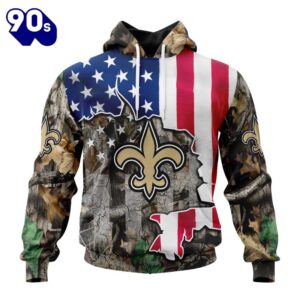 Customized NFL New Orleans Saints USA Flag Camo Realtree Hunting Unisex Tshirt