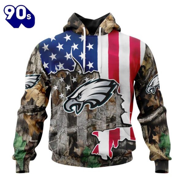 Customized NFL Philadelphia Eagles USA Flag Camo Realtree Hunting Unisex Tshirt