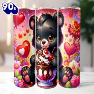 Cute Bear Valentines Sundae 20 Oz Skinny Tumbler, Bear Tumbler, Valentine Tumbler