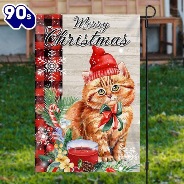 Cute Cat Green Leaf Snow Merry Christmas Garden FlagXmas, Garden Flags, Outdoor Xmas Flags  Decorate For Christmas