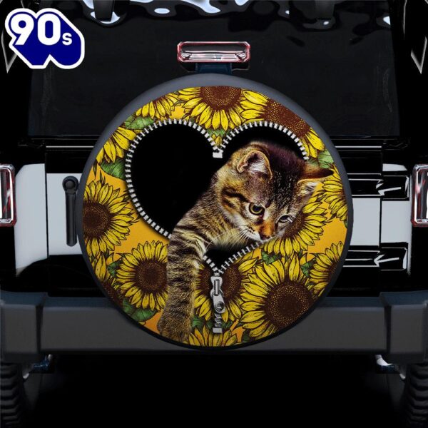 Cute Cat Sunflower Zipper Car Spare Tire Covers Gift For Campers