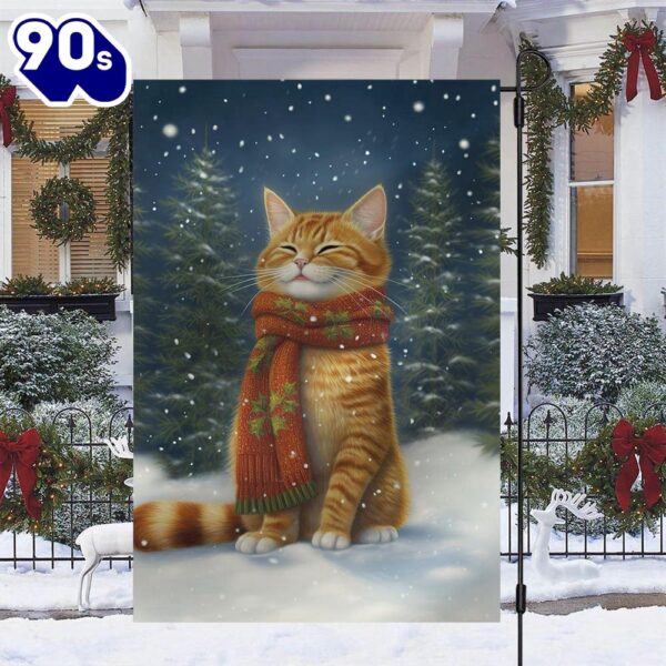 Cute Cat Wearing Scarf Alone Between The Forest Winter Christmas Flag  Decorate For Christmas