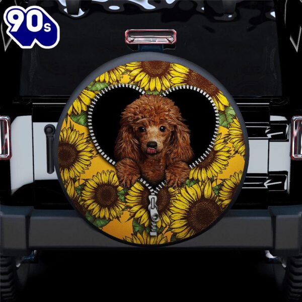 Cute Dog Poodle Sunflower Zipper Car Spare Tire Covers Gift For Campers