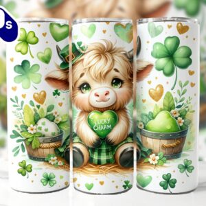 Cute Highland Cow Lucky Charm 20 Oz Skinny Tumbler, Highland Cow Tumbler, St Patrick’s Tumbler