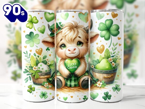 Cute Highland Cow Lucky Charm 20 Oz Skinny Tumbler, Highland Cow Tumbler, St Patrick’s Tumbler