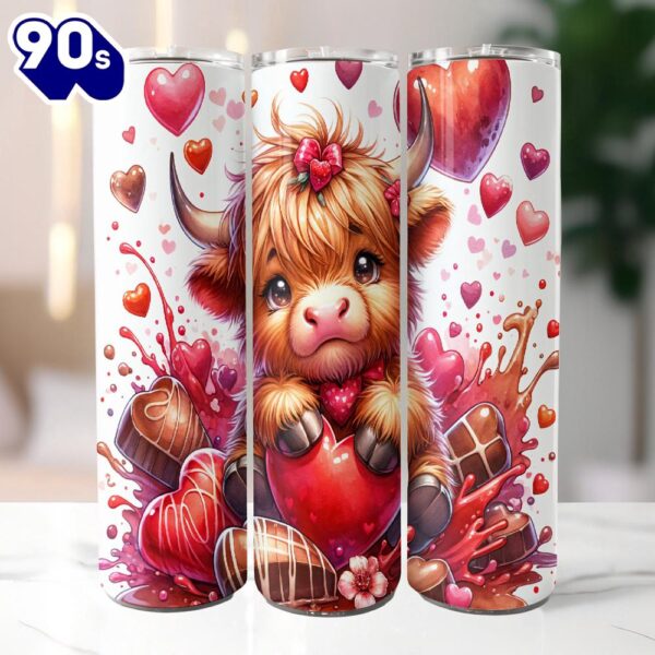 Cute Highland Cow Valentine Chocolate 20 Oz Skinny Tumbler, Highland Cow Tumbler, Valentine Tumbler