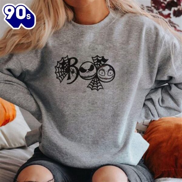 Cute Jack Skellington And Sally Embroidered Halloween Gray Sweatshirt