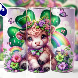 Cute St. Patrick’s Highland Cow 20 Oz Skinny Tumbler, Highland Cow Tumbler, St Patrick’s Tumbler