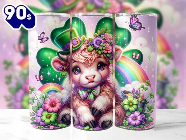 Cute St. Patrick’s Highland Cow 20 Oz Skinny Tumbler, Highland Cow Tumbler, St Patrick’s Tumbler