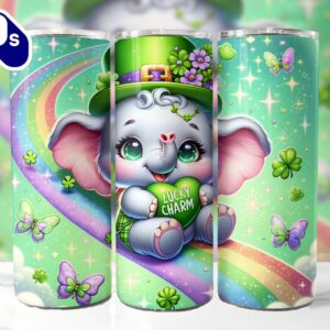 Cute St Patrick’s Lucky Charm Elephant 20 Oz Skinny Tumbler, Elephant Tumbler, St Patrick’s Tumbler