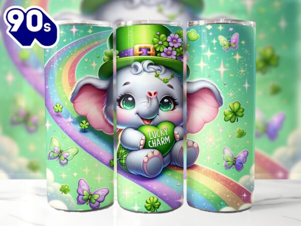 Cute St Patrick’s Lucky Charm Elephant 20 Oz Skinny Tumbler, Elephant Tumbler, St Patrick’s Tumbler