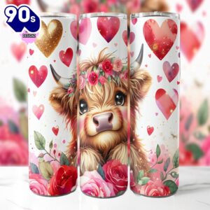 Cute Valentines Day Highland Cow Tumbler, 20 Oz Skinny Tumbler, Valentines Day Tumbler