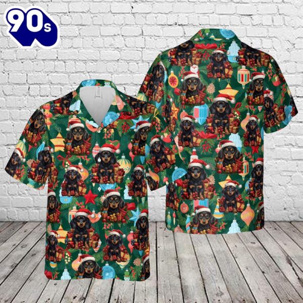 Dachshund Wearing Santa Hat Christmas Hawaiian Shirt