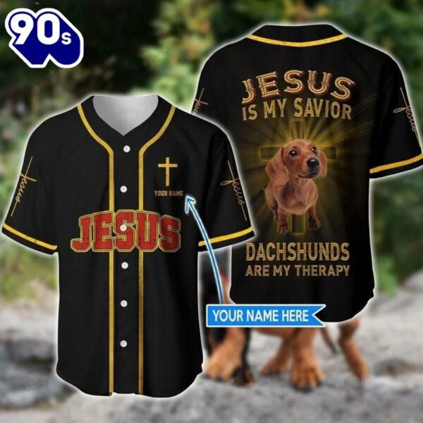 Dachshunds Are My Therapy Custom Baseball Jersey – Personalized Dachshund Jesus Baseball Jersey   Gift Christmas