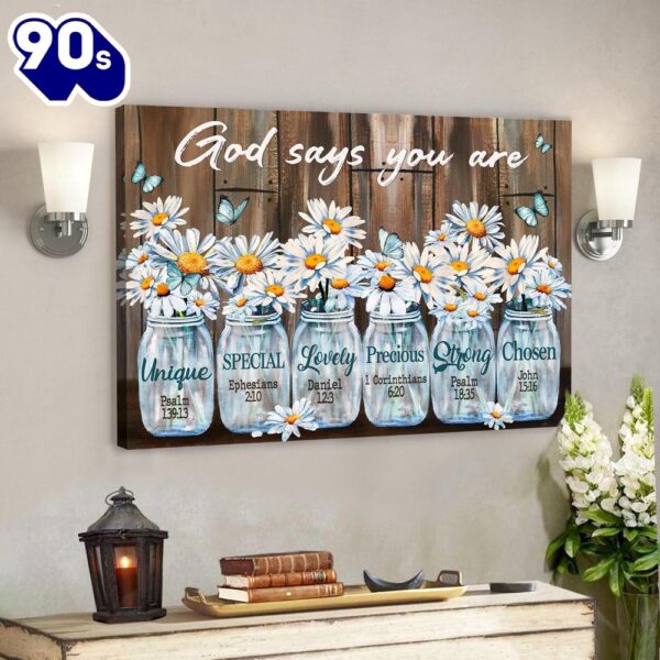 Daisy Flower In Glass Jar God Says You Are Canvas Wall Art Bible Verse Canvas