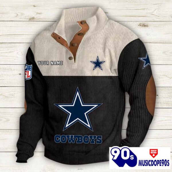 Dallas Cowboys Button Up Shirts Stand Collar Long Sleeve Shirt Elbow Patches