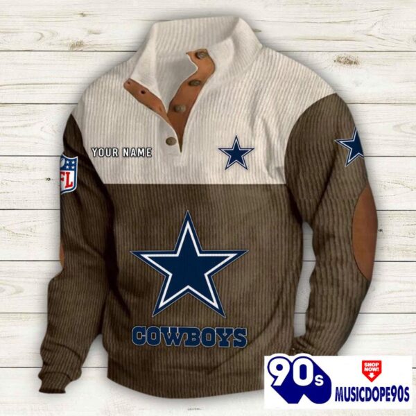 Dallas Cowboys Button Up Shirts Stand Collar Long Sleeve Shirt Elbow Patches