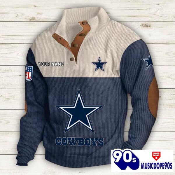 Dallas Cowboys Button Up Shirts Stand Collar Long Sleeve Shirt Elbow Patches