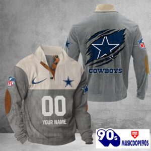 Dallas Cowboys Vintage Button Up Shirts Stand Collar Long Sleeve Shirt Elbow Patches