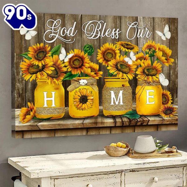 Dark Yellow Sunflower Butterfly Painting Canvas God Bless Our Home Canvas Wall Art  Poster Gift Christmas