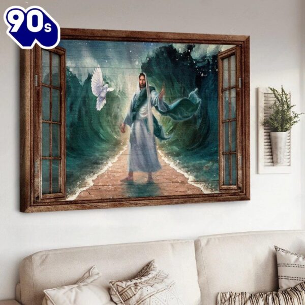 Deep Ocean White Dove Antique Window Walking With Jesus Canvas Wall Art  Poster Gift Christmas