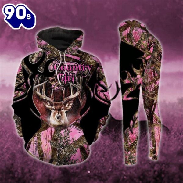 Deer Country Girl Hot Pink All Over Print Leggings Hoodie Set Outfit For Women Gift Xmas