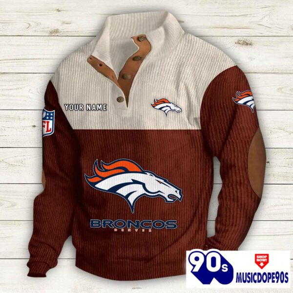 Denver Broncos Button Up Shirts Stand Collar Long Sleeve Shirt Elbow Patches