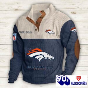 Denver Broncos Button Up Shirts Stand Collar Long Sleeve Shirt Elbow Patches