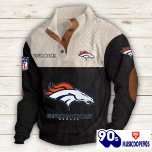 Denver Broncos Button Up Shirts Stand Collar Long Sleeve Shirt Elbow Patches