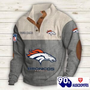 Denver Broncos Button Up Shirts Stand Collar Long Sleeve Shirt Elbow Patches