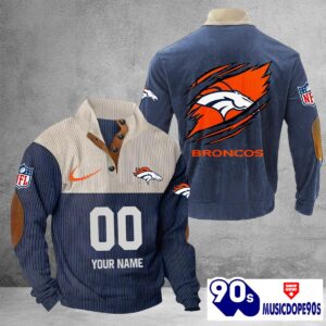 Denver Broncos Vintage Button Up Shirts Stand Collar Long Sleeve Shirt Elbow Patches