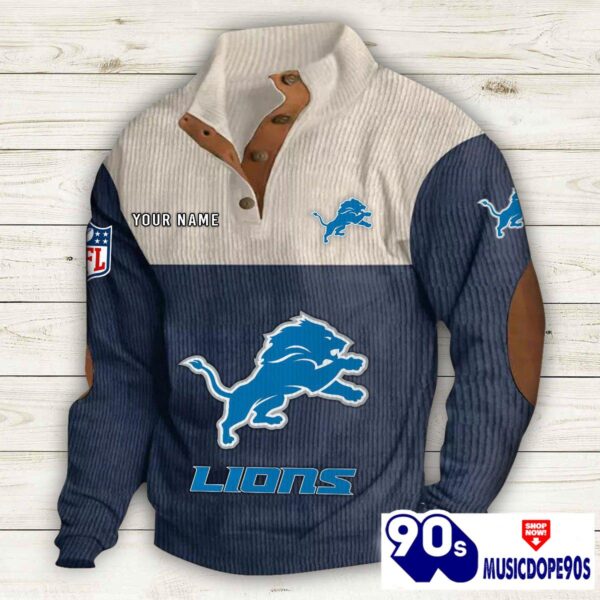 Detroit Lions Button Up Shirts Stand Collar Long Sleeve Shirt Elbow Patches