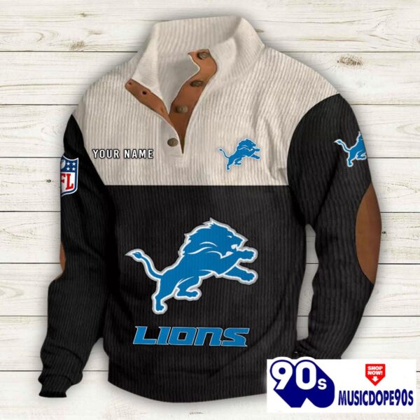 Detroit Lions Button Up Shirts Stand Collar Long Sleeve Shirt Elbow Patches