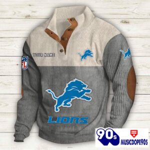 Detroit Lions Button Up Shirts Stand Collar Long Sleeve Shirt Elbow Patches