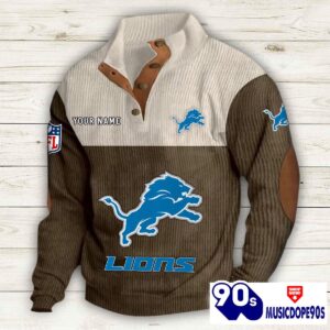 Detroit Lions Button Up Shirts Stand Collar Long Sleeve Shirt Elbow Patches