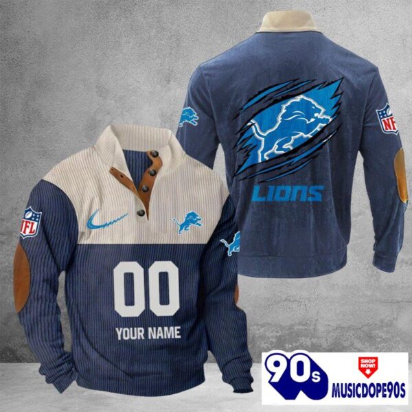 Detroit Lions Vintage Button Up Shirts Stand Collar Long Sleeve Shirt Elbow Patches