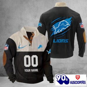 Detroit Lions Vintage Button Up Shirts Stand Collar Long Sleeve Shirt Elbow Patches