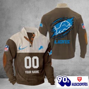 Detroit Lions Vintage Button Up Shirts Stand Collar Long Sleeve Shirt Elbow Patches