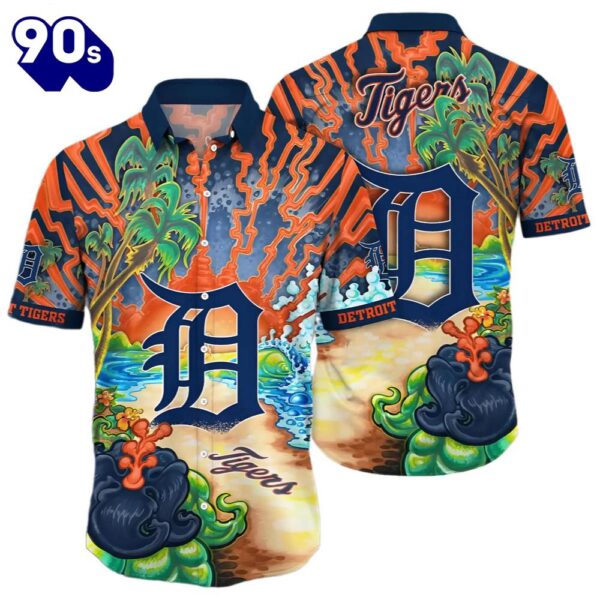 Detroit Tigers Volcanic Island Hawaiian Button Up Shirts