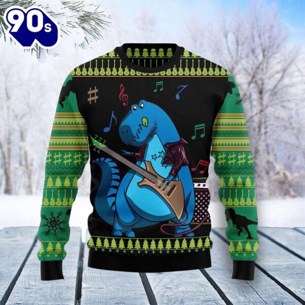 Christmas 2024  Dinosaur Guitar Ugly Christmas Sweater