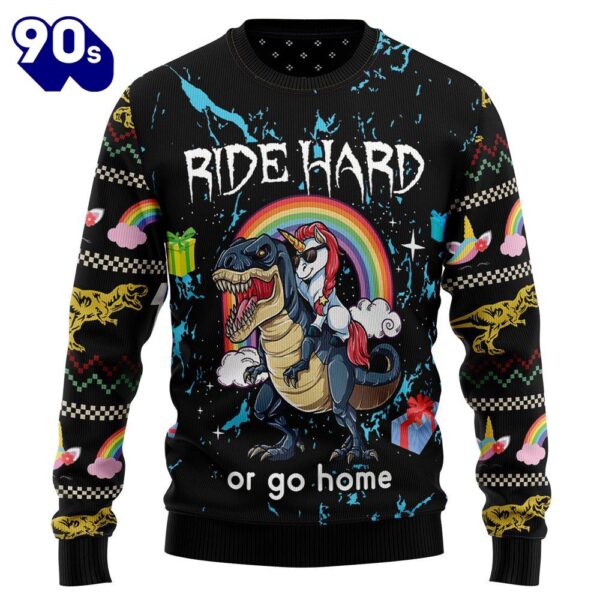 Christmas 2024  Dinosaur Unicorn Ride Hard Ugly Christmas Sweater