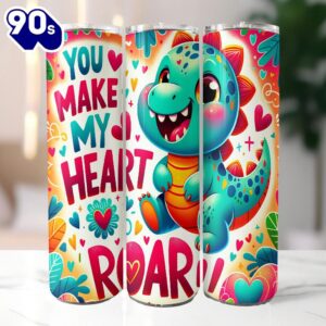 Dinosaur Valentines Day 20 Oz Skinny Tumbler, Dinosaur Tumbler, Valentine Tumbler