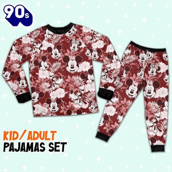 Disney Mickey Minnie Goofy Seamless Summer Tropical Red Style Pajamas Set – Family Disneyland Matching Pajamas Set