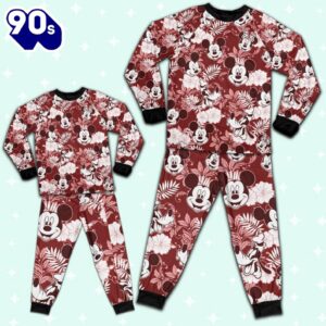 Disney Mickey Minnie Goofy Seamless Summer Tropical Red Style Pajamas Set - Family Disneyland Matching Pajamas Set