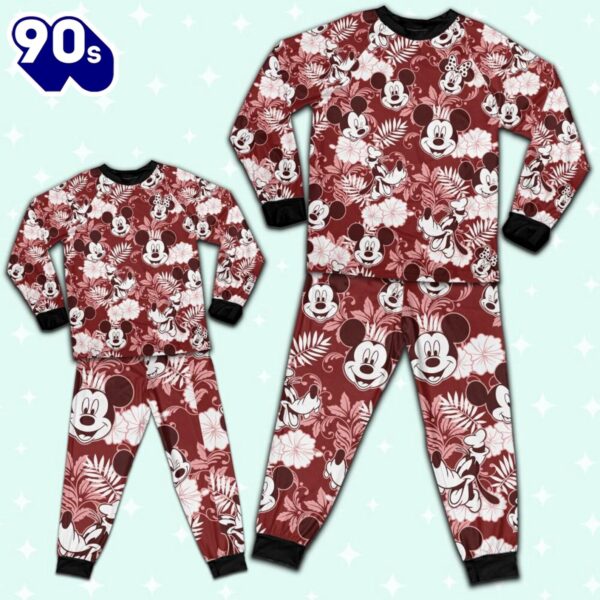 Disney Mickey Minnie Goofy Seamless Summer Tropical Red Style Pajamas Set – Family Disneyland Matching Pajamas Set