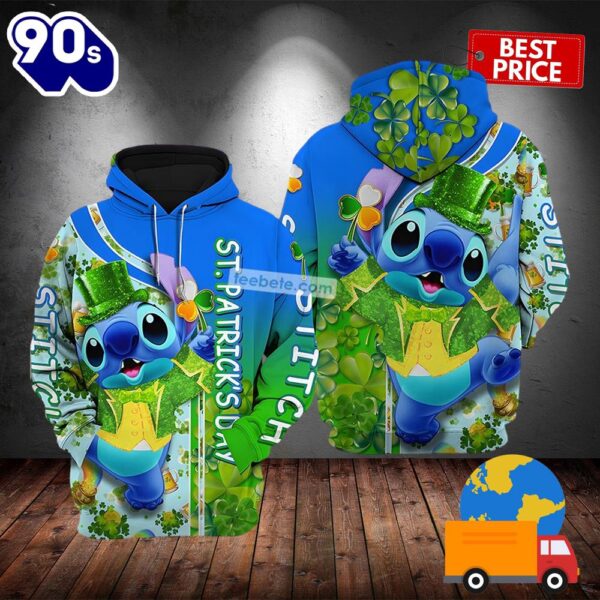 Disney Stitch With St Patrick Day Green 3D Pullover Hoodie 2025