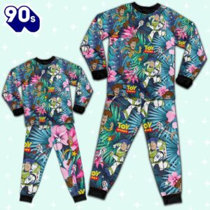 Disney Toy Story Woody Buzz Lightyear Forky Tropical Pattern Pajamas Set - Movie Cartoon Holiday Pajamas