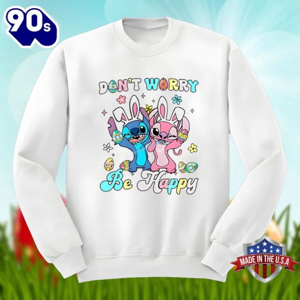 Dont Worry Be Happy With Stitch And Angel Easter Graphic Shirt