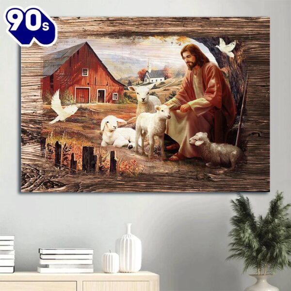 Dove Jesus Painting Peaceful Farm Sitting With The Lambs Canvas Wall Art  Poster Gift Christmas