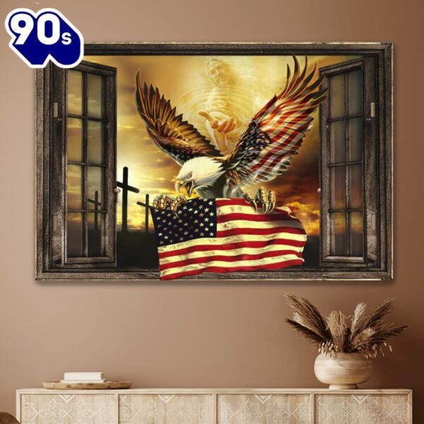 Eagle Through The Windows Jesus American Flag Canvas Wall Art   Poster Gift Christmas